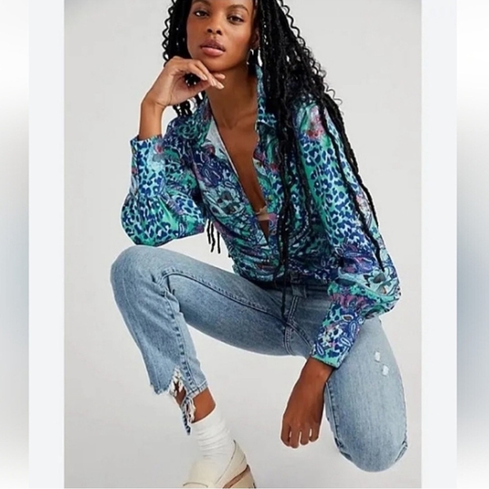 Free People X Revolve Bianca Printed Button Front Blouse in Jade Combo XS